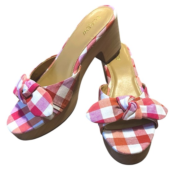 J. Crew Shoes - J.CREW pink plaid gingham bow open toe slip on wooden sole chunky heel sz 9 NWOT